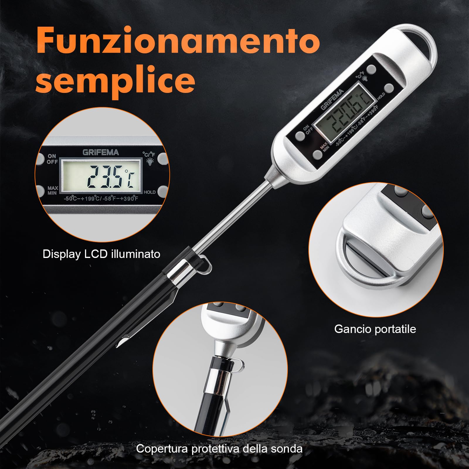 GRIFEMA GA2802 Termometro da Cucina, Sonda in Acciaio Inossidabile 304, Misurazione Rapida, per Barbecue Forno Pasticceria
