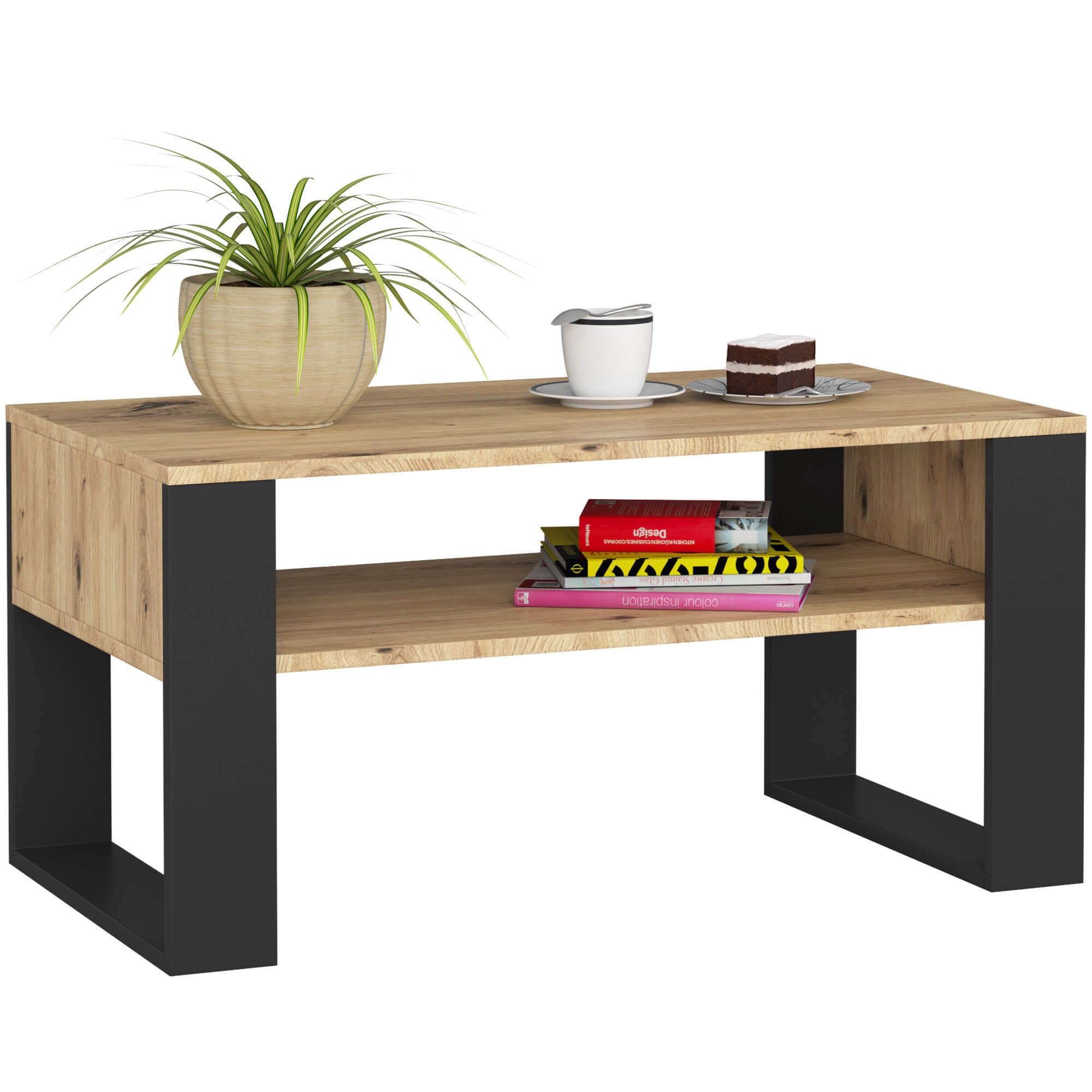 AKORD | Tavolino da Salotto in Legno - DOMI | Tavolo da Caffè con gambe un Ripiano | Coffee Table | Tavolini Basso Moderno | Arredamento Casa | 92 x 45 x 53 cm | Rovere Artigianale & Nero Frontale