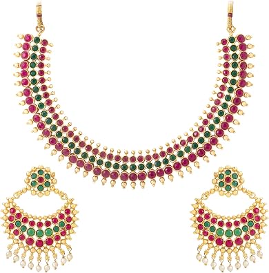 Aheli Traditional Faux Stone Studded Nekclace Earrings Set Bollywood Wedding Ethinc Party Fashion Jewelry Gift for Women