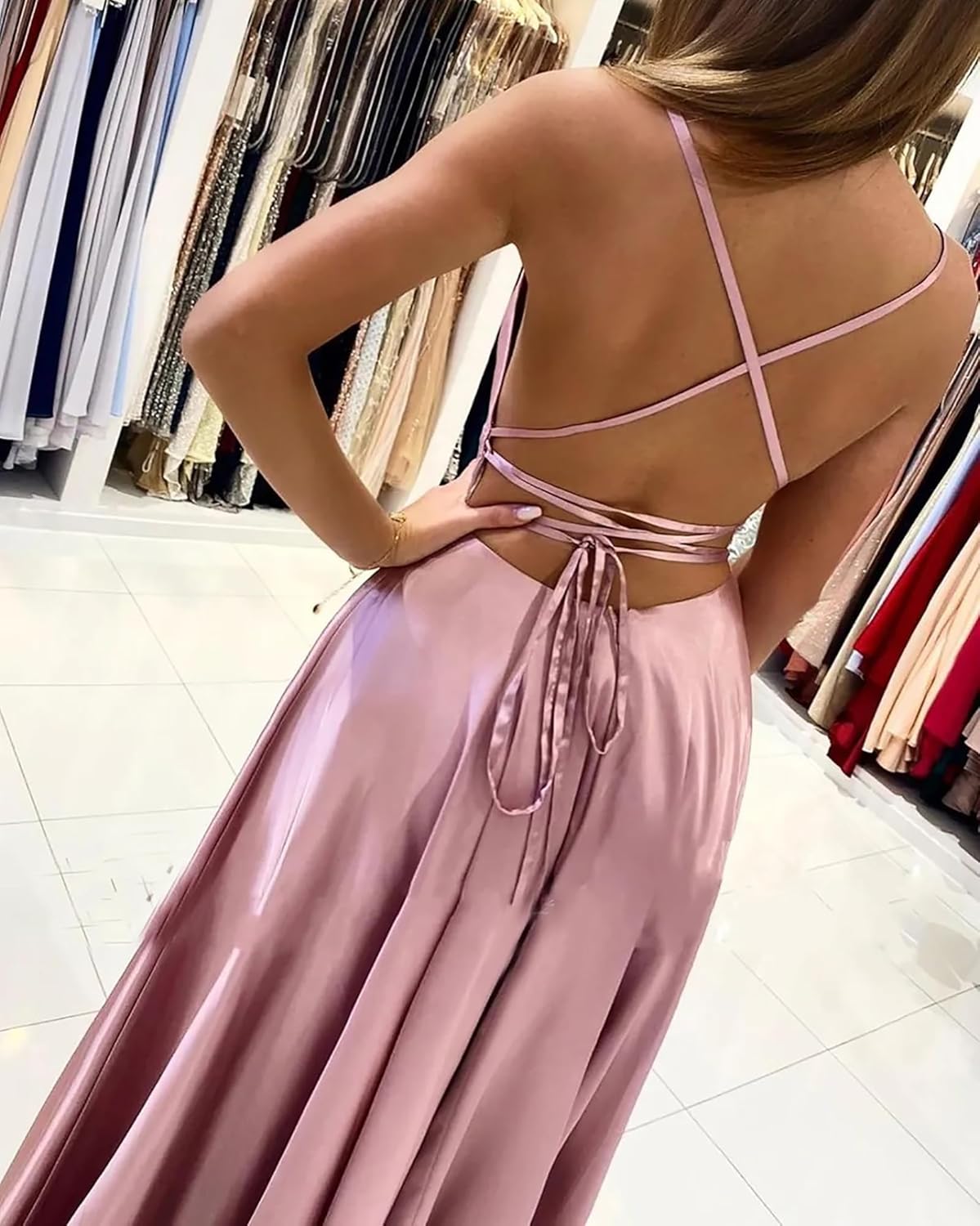 MisShow Women's Spaghetti Straps Prom Dresses with Slit Satin Bridesmaid Dress Long Evening Formal Party Gown - Image 8