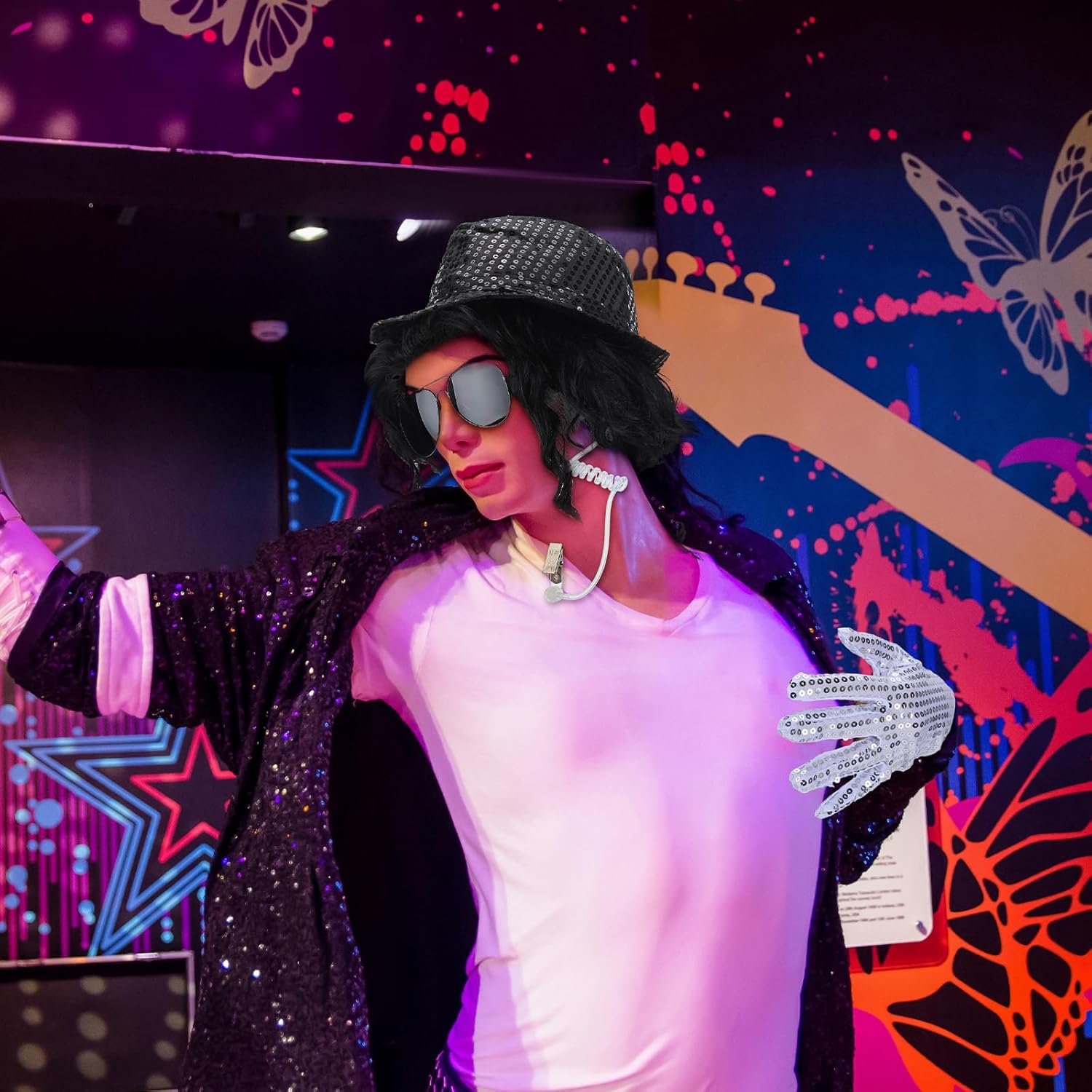 Leumoi 6 Pcs Halloween Pop Costume Dance Star Costume Includes Long Curly Wig Black Hat Sequin Glove Sunglasses Earpiece Microphone for Pop Stage 80s 90s Party Mens Adult Halloween Cosplay - Image 5