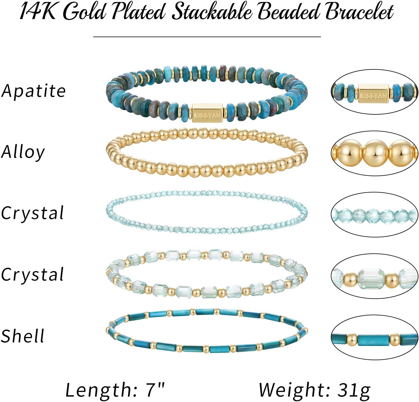 KissYan Stackable Beaded Bracelets for Women, 14K Boho Gold Plated Natural Stone Crystal Shell Stretch Layered Bracelet Set, Adjustable Jewelry for Daily Commute Party Travel Gift