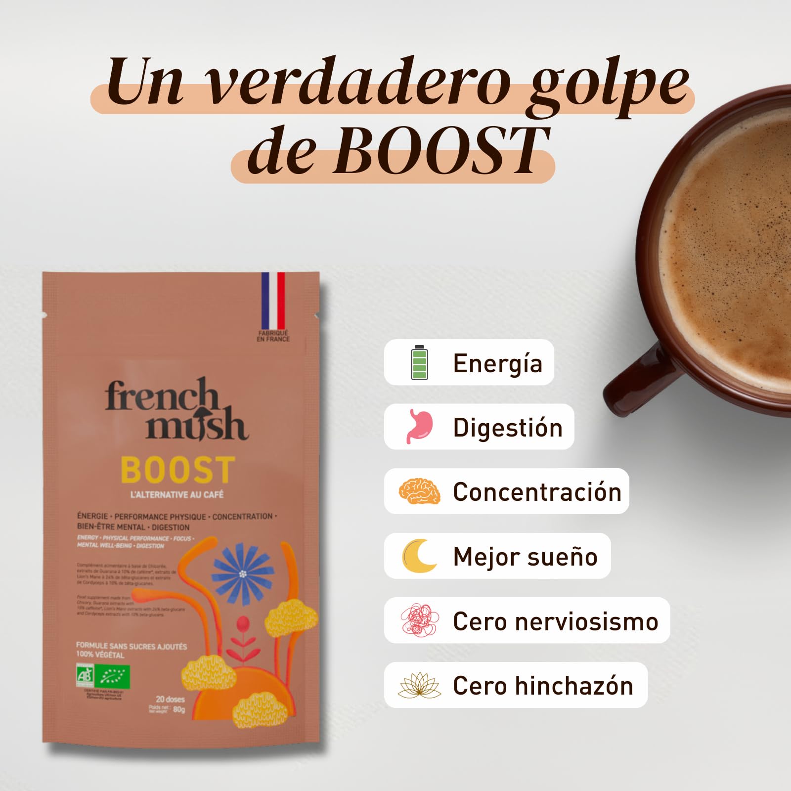 French Mush BOOST - Alternativa al Café con Hongos Adaptógenos Bio: Lion’s Mane & Cordyceps Bio - Enfoque, Energía & Digestión - Alternativa Vegetal al Café - 20 Dosis