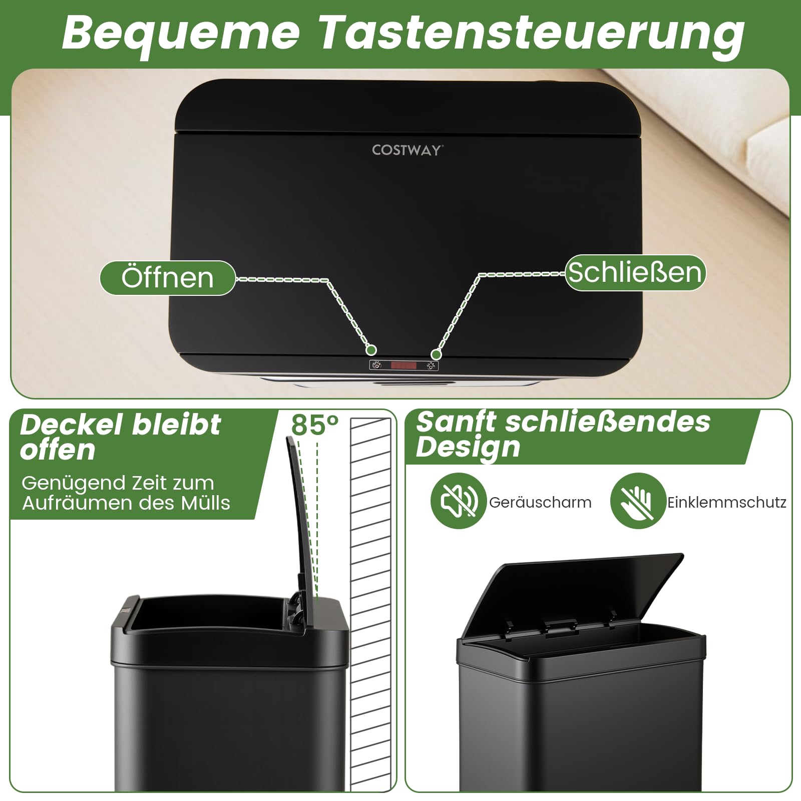 COSTWAY Mülleimer 3 Fächer, 56L Mülltrennsystem inkl. 2 ausnehmbaren Abfallbehältern, 2 x 10L + 36 L, elektrischer Abfalleimer mit Sensor & Softclose-Deckel, für Küche, Büro (Schwarz)