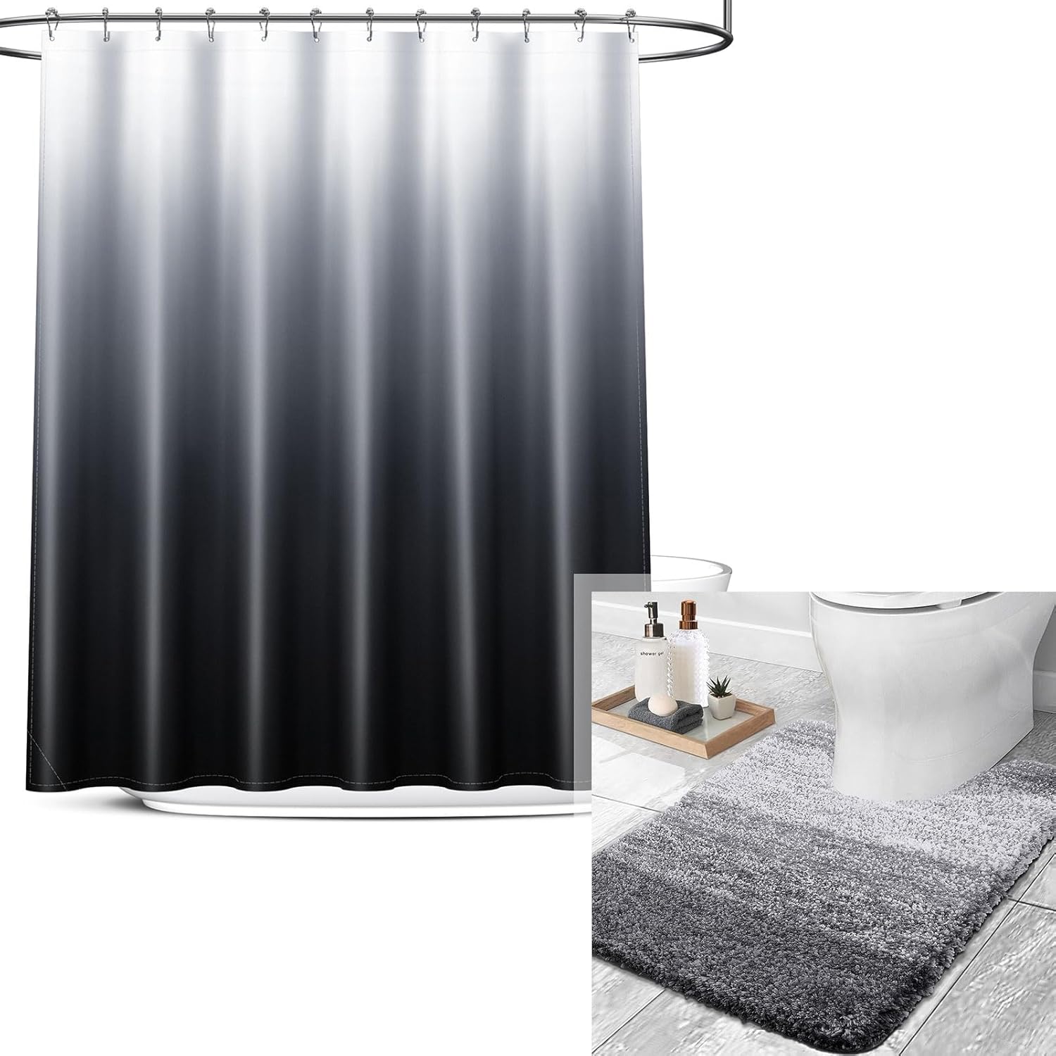 OLANLY Ombre Toilet Rugs U-Shape and Shower Curtain, Toilet Rug Size 24x20 in Grey and Shower Curtain 72x72 in Black Grey, 2 Item Bundle