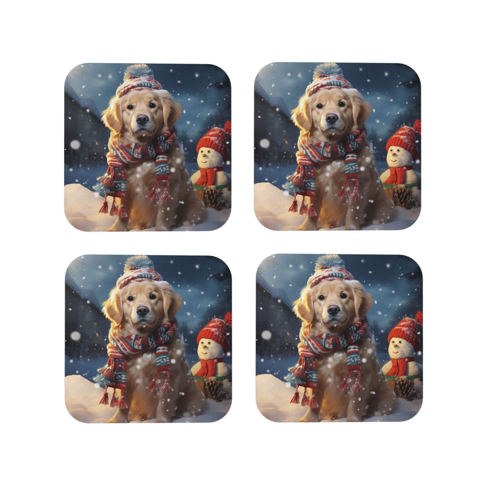 4Pcs PU Leather Coaster for Drinks, Merry Christmas Cute Dog Snowman Cup Coastersr 4" Cup Mat Pad, Aesthetic Drink Coasters for Coffee Table, Square Coaster for Tabletop Protection