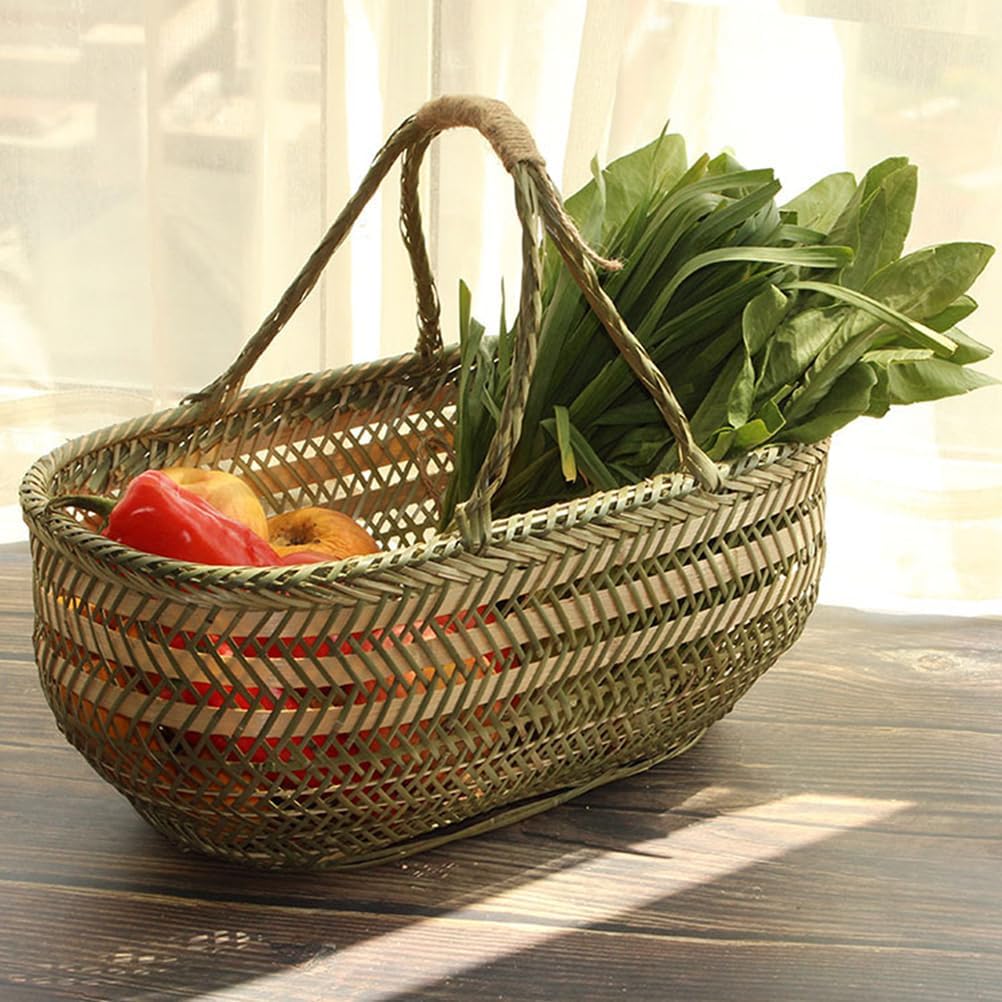 Ciieeo Bamboo Weaving Shopping Basket Handheld Vegetable Fruit Storage Basket with Ergonomic Handle for Kitchen Garden Harvest and Egg Holder 16.5X9.8X7.1 Inches
