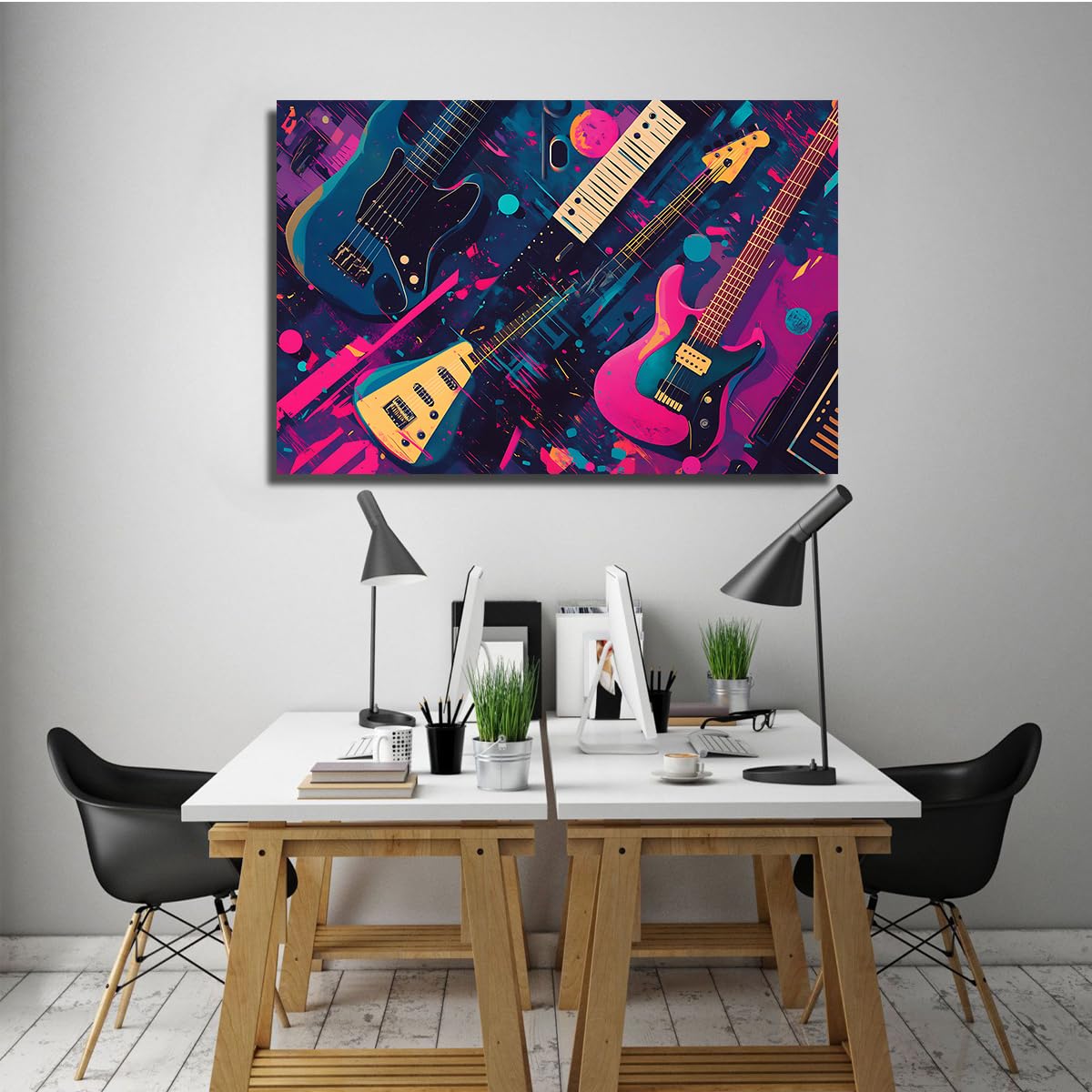 YUNART Graffiti Chitarra Stampe su tela Arte murale Decorazioni murali a tema musicale Poster moderni colorati di strumenti musicali Foto per Studio 60x90cm Innerframe