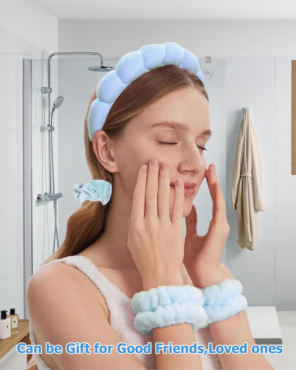 6Pcs Spa Headband for Washing Face,Wristbands Set Women Bubble Skincare Makeup Sponge Terry Cloth Padded Puffy Headband Bow Tie Hairband Cute Non Slip Thick Hair Accessory Gifts(Blue) - Image 4
