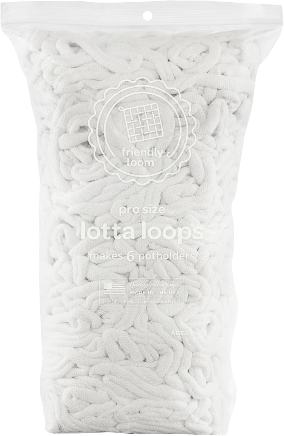 Harrisville Designs Friendly Loom | Lotta Loops - 10” PRO-Sized White Potholder Weaving Loops | Craft 6 Cotton Potholders