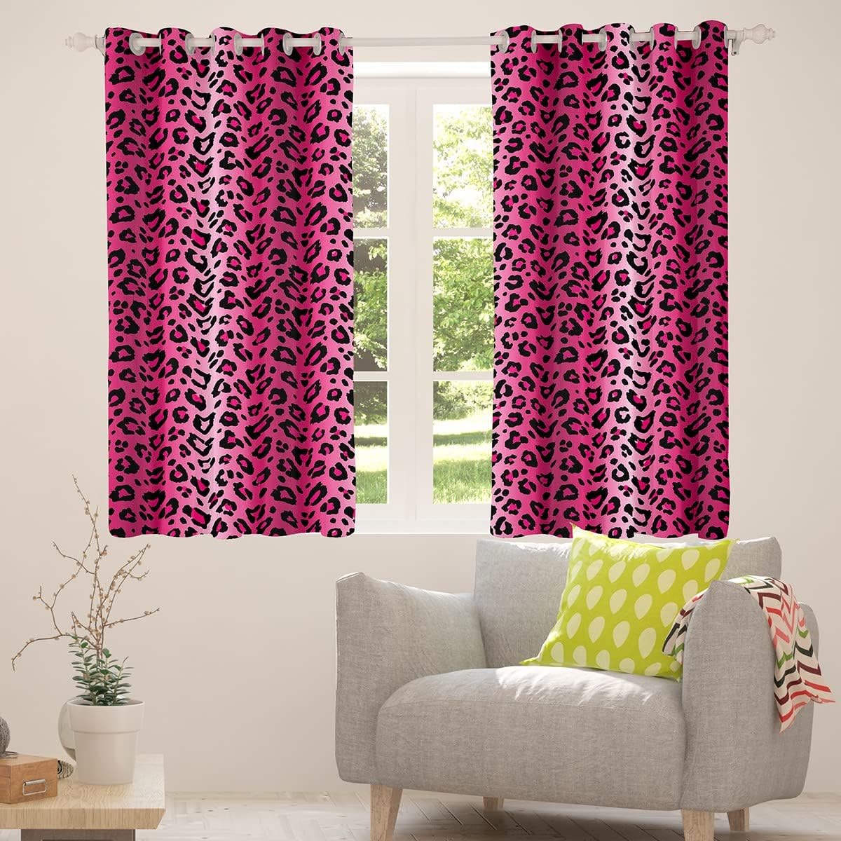 Leopard Print Window Curtains for Bedroom Decor Women Cheetah Print Curtains for Kids Girls Pink Red Black Sexy Luxury Window Drapes Africa Animal Wildlife Window Treatments, 42x63 Inches,2 Panels