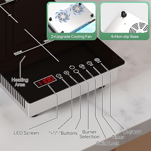 Miniatura 9 de Placa de cocción de doble inducción de 1900 W, 2 quemadores eléctricos con bloqueo de seguridad, temporizador, 8 niveles de potencia, control táctil