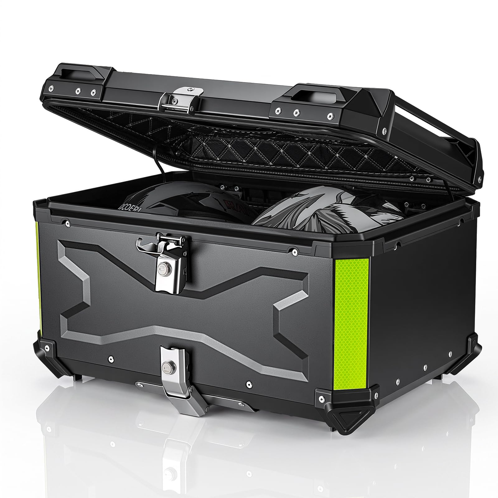 Top Case Universel pour Moto 65L, avec Dossier et Serrure de Sécurité, Coffre de Rangement pour Casque de Moto Étanche, Aluminium，Support de Fixation Universel (Noir)
