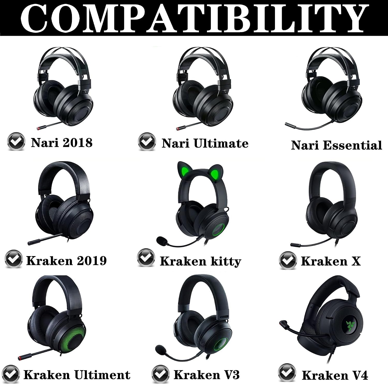 Cooling Gel Replacement Earpads Compatible with Razer Nari/Nari Essential/Nari Ultimate/Kraken Kitty/V3/V4/Pro/X Gaming Headset Ear Pads Cushions with Breathable Ice Silk Fabric- Black image 2