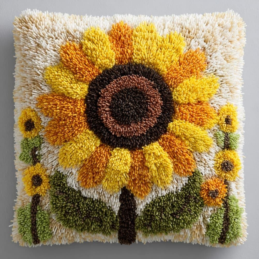 Taxpy DIY Latch Hook Pillow Kit Pre-Printed Hook and Latch Rug Kits Sunflower 17X17 Inch.Cross-Stitch Embroidery Cushion Cover for Home Sofa Decoration