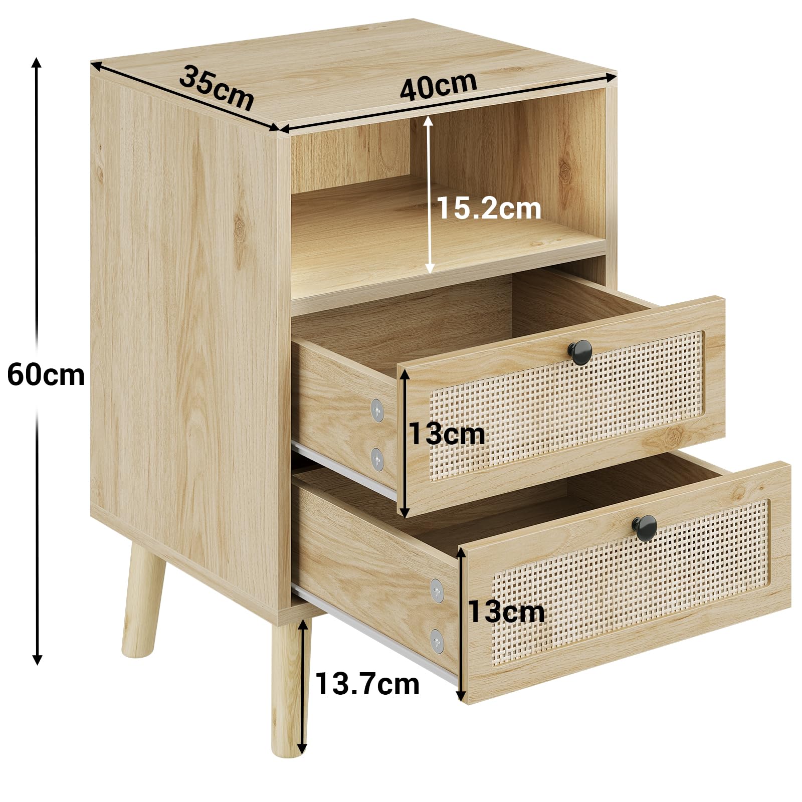 AOGLLATI Comodino Rattan Set di 2 con 2 Cassetti e Scomparto Aperto, Comodino Piccolo con Luci LED, Comodini in Legno Tavolo Laterale Stretto con Gambe in Pino per Soggiorno, Camera da Letto