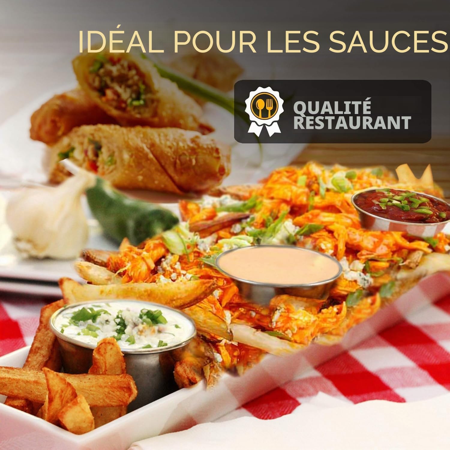 Lot de 100 grands ramequins à sauce en acier inoxydable | Format idéal de 2,5 oz (75 ml) pour les trempettes, le ketchup, les vinaigrettes et la restauration.