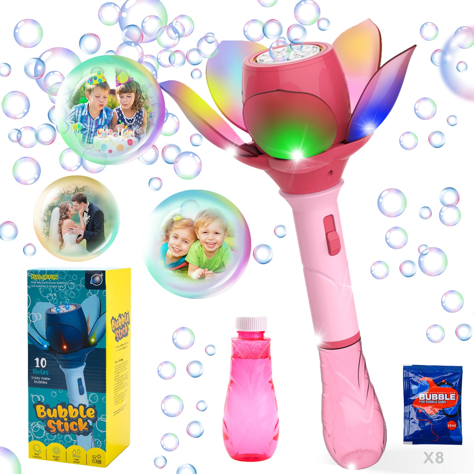 Flor de Loto Máquina de Burbujas, Pistola de Burbujas para Niños 10000+ Burbujas/Minuto, Pistola Pompas de Jabon Niños con 120ml solución y 8X 10ml Concentrado de Burbujas