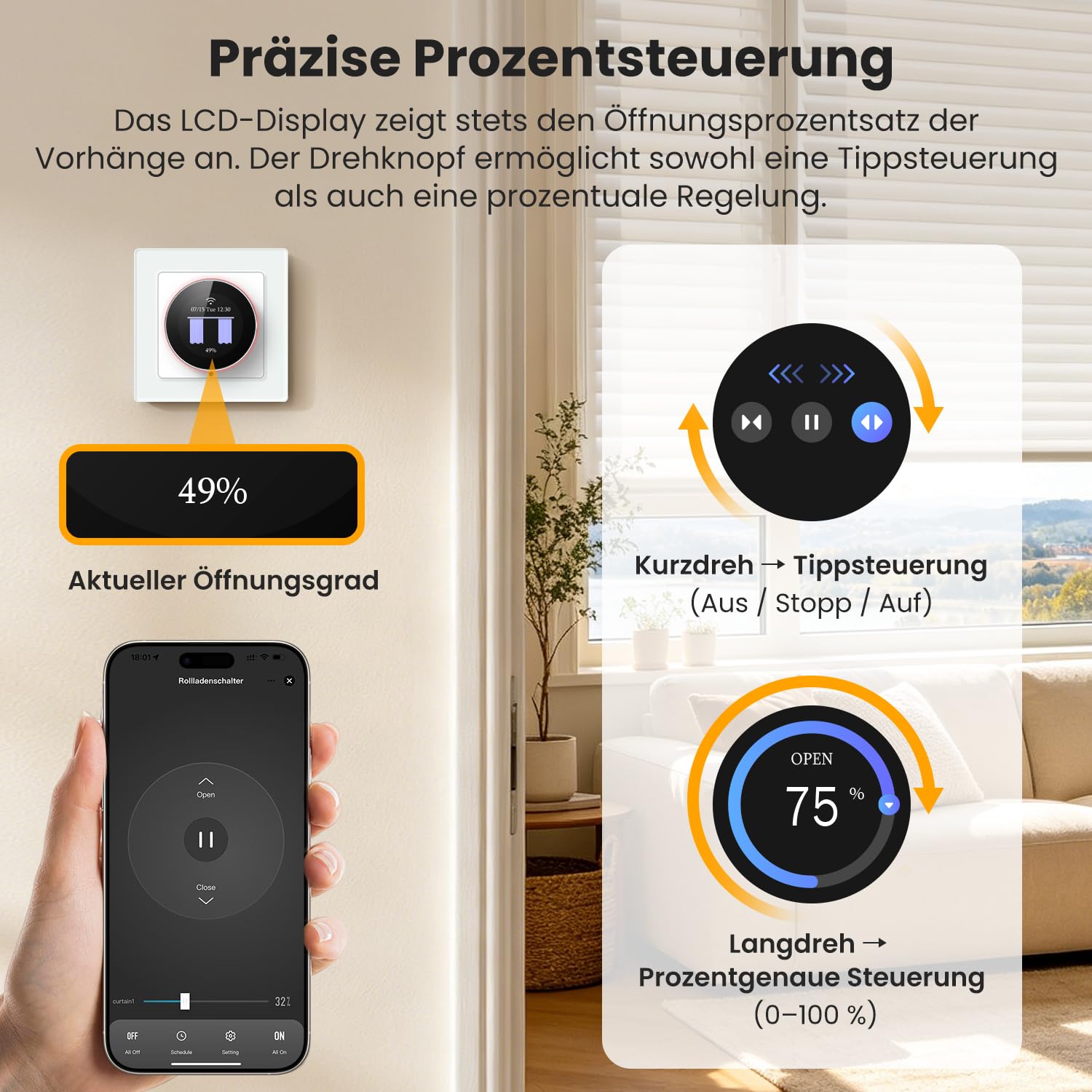 AVATTO Smart Rolladenschalter WLAN 55x55mm mit Prozentfunktion Kompatibel mit Alexa, Google Assistant，Steuerung der Rollläden/Jalousien/Markisen