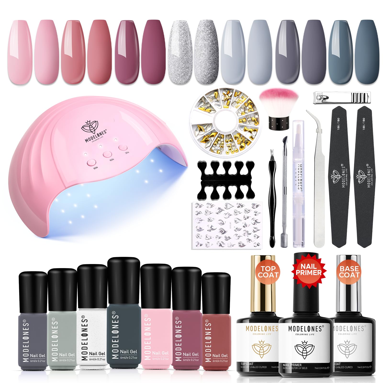 Modelones Kit Uñas Semipermanentes 22Pcs 7 Colores Esmaltes con Lampara UV 48W Kit Manicura Semipermanente Primer Base y Top Coat, Kit Uñas de Gel para Principiantes, Gris Rosa Plata