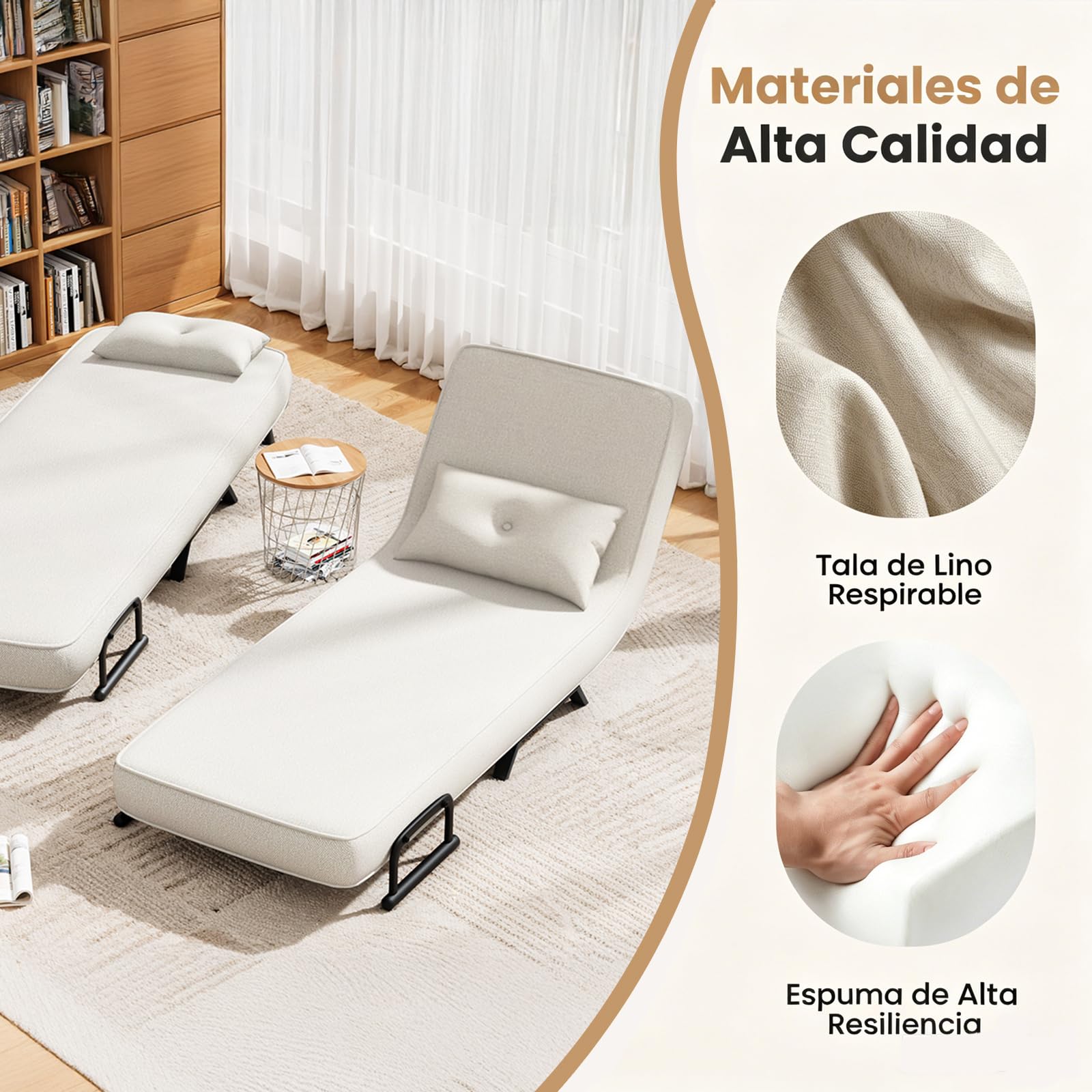 YOUDENOVA Sofá Cama, Sillón con Función Cama, Sofá con Respaldo Regulable, Sofá Cama con Bolsa Colgante, Sofá Plegable, Cama de Invitados, Chenilla, 184 x 60 cm, Beige