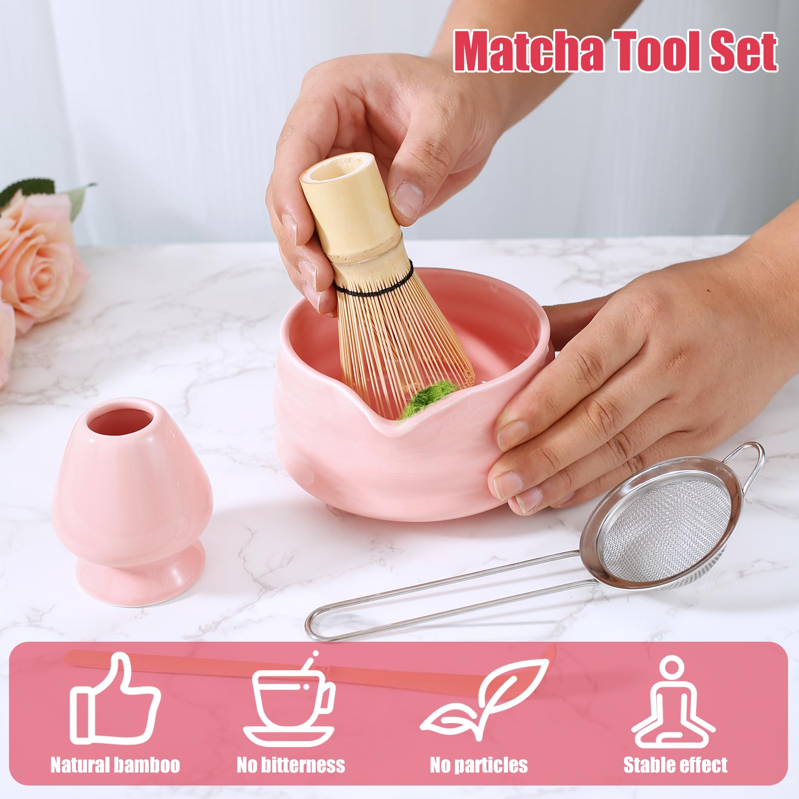 Set Matcha Rose – 5 Pièces (bol, Fouet, Passoire, Cuillère, Support) – Céramique Et Bambou – Pour Cérémonie Du Thé – Idée Cadeau - 4