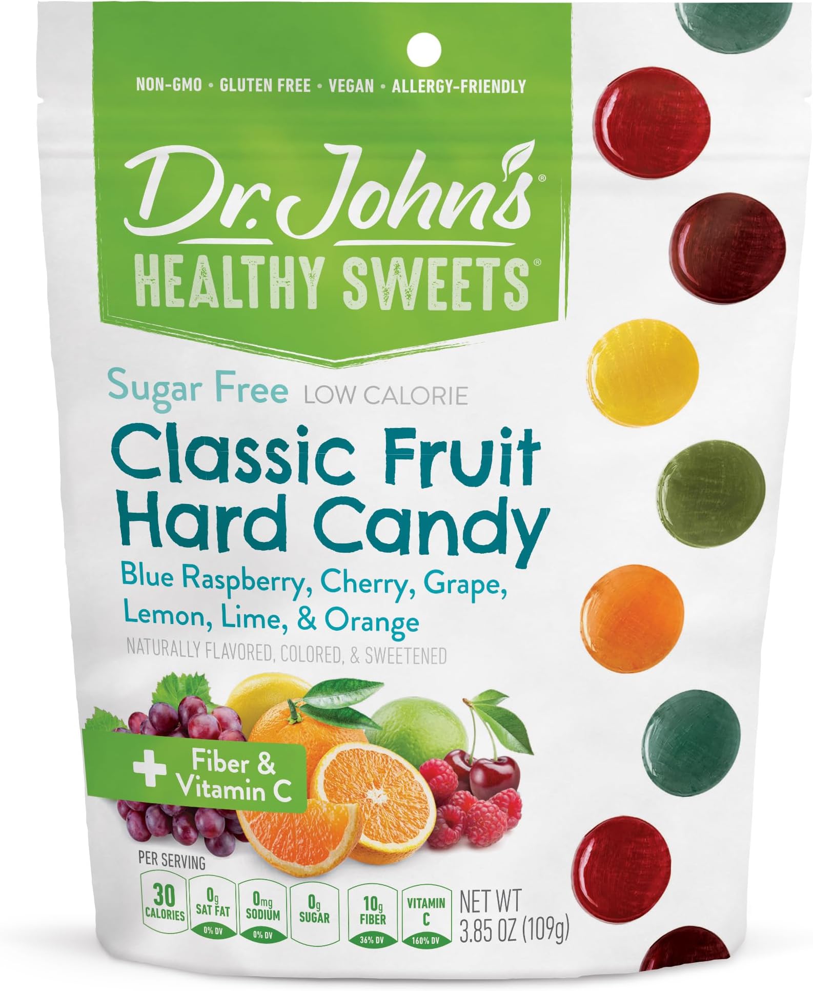 Dr. John’s Sugar Free Candy, Healthy Hard Candy with Zero Sugar, Low Calorie Snacks, Keto Friendly, Vegan, Gluten Free, Classic Fruit Flavors, 24 Count, 3.85 OZ