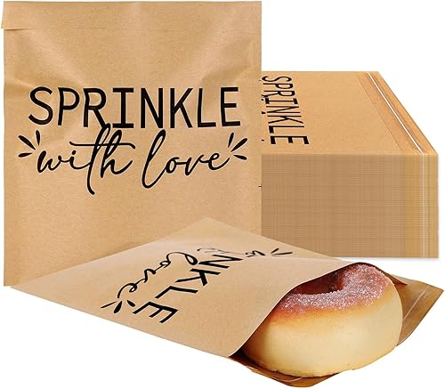 AnyDesign Paquete de 100 bolsas de dulces de donas autoadhesivas con papel kraft para golosinas, bolsas de regalo marrón natural, bolsas de bufé