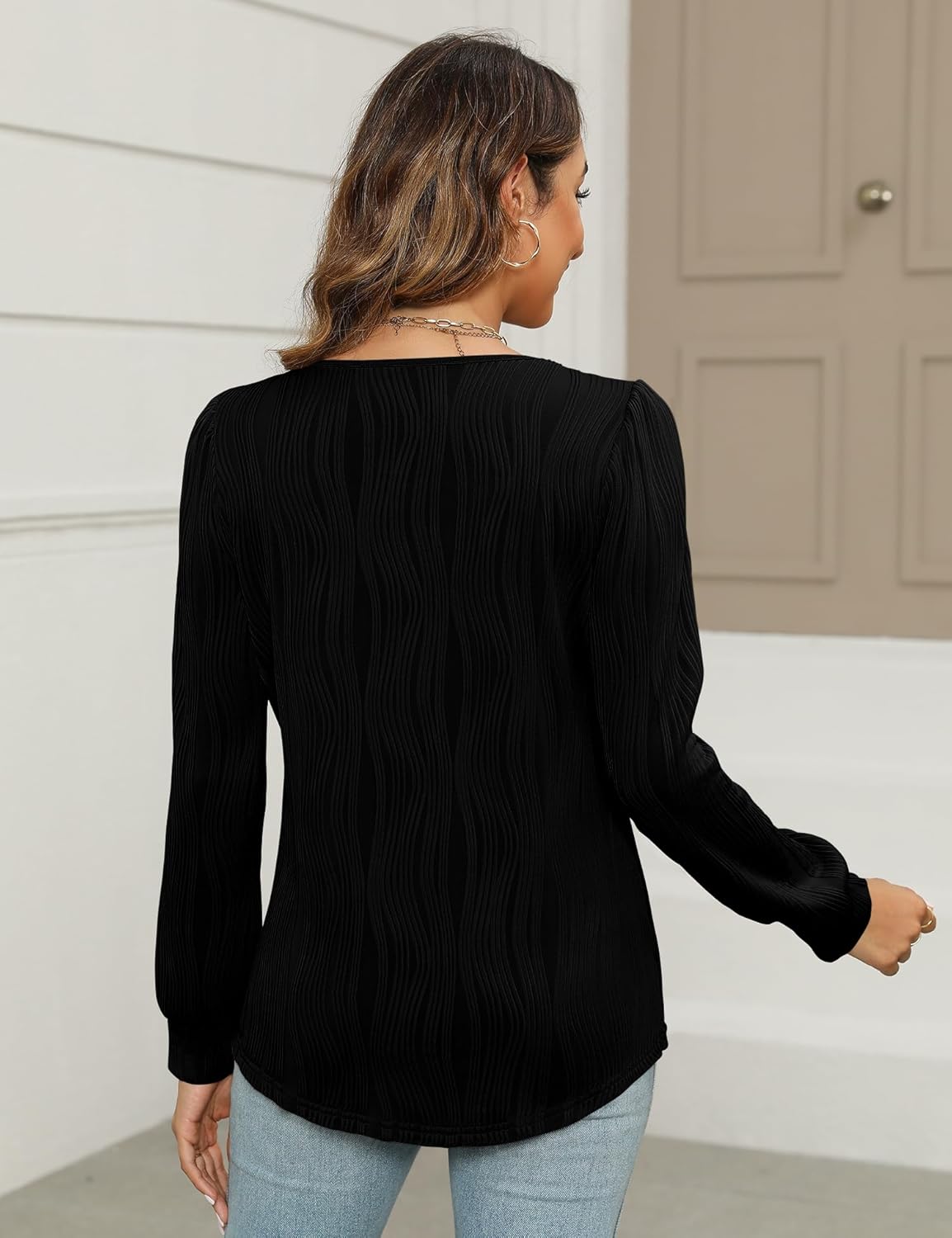 LUYAA Womens Long Sleeve Tops Dressy Casual Textured Work Blouses V Neck Keyhole Puff Sleeve Shirts 2024 - Image 5