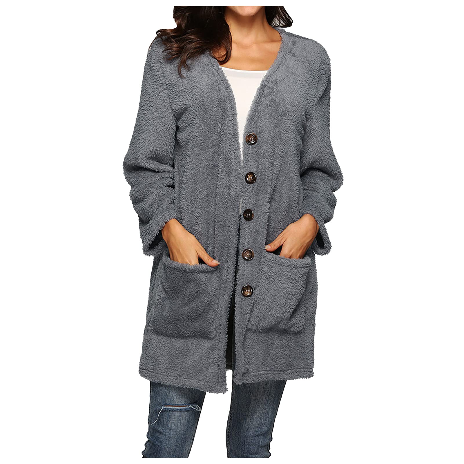 OVERMAL Women's Autumn And Winter Loose Solid Color Stitching Long-sleeved V-neck Single-breasted Pockets Plush Coat