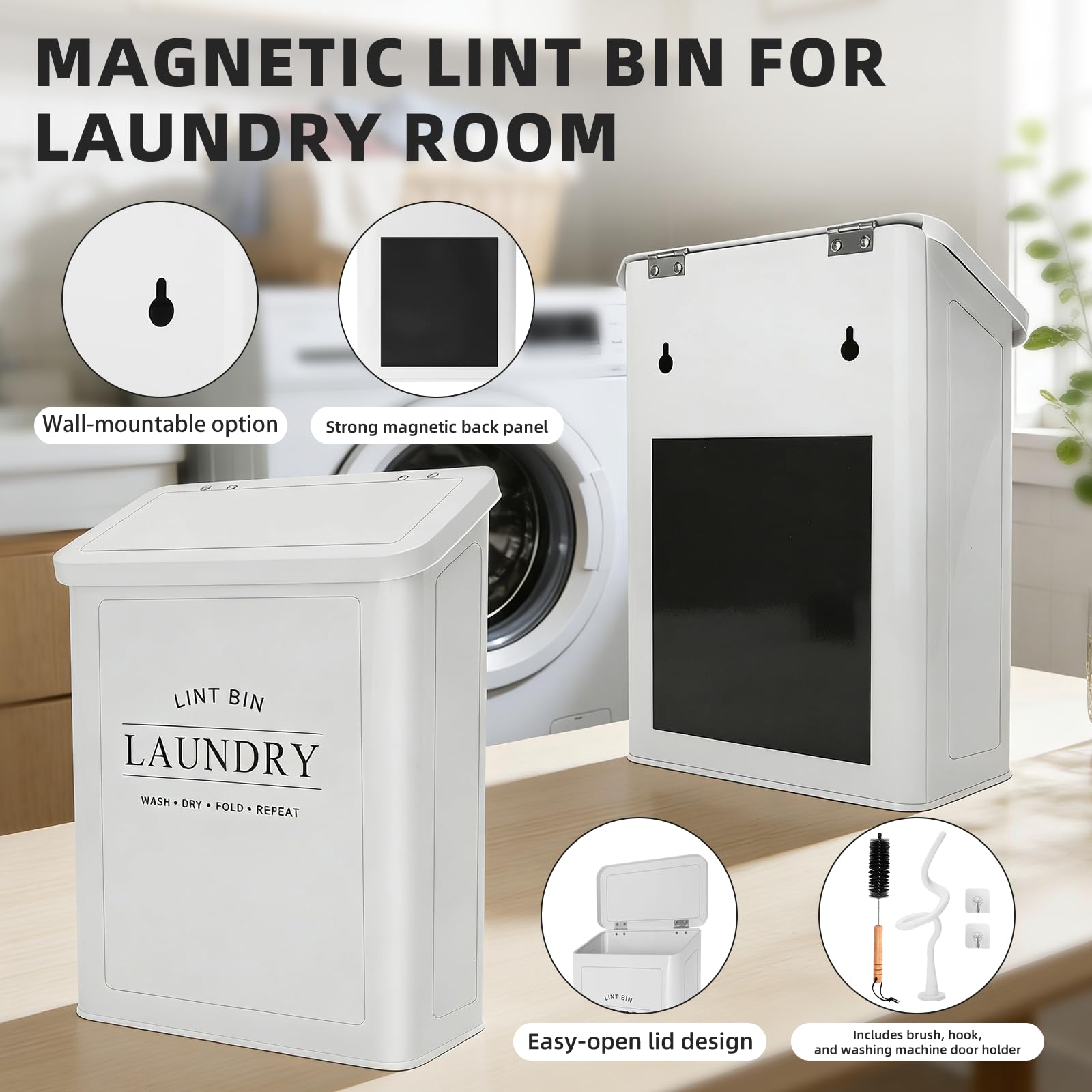 Cestino Magnetico per Lavanderia, Cestino in Metallo, Montaggio a Parete per Asciugatrici con Coperchio, 19x9x26,5 cm, con Spazzola e Supporto Magnetico Flessibile per Lavatrice, Bianco