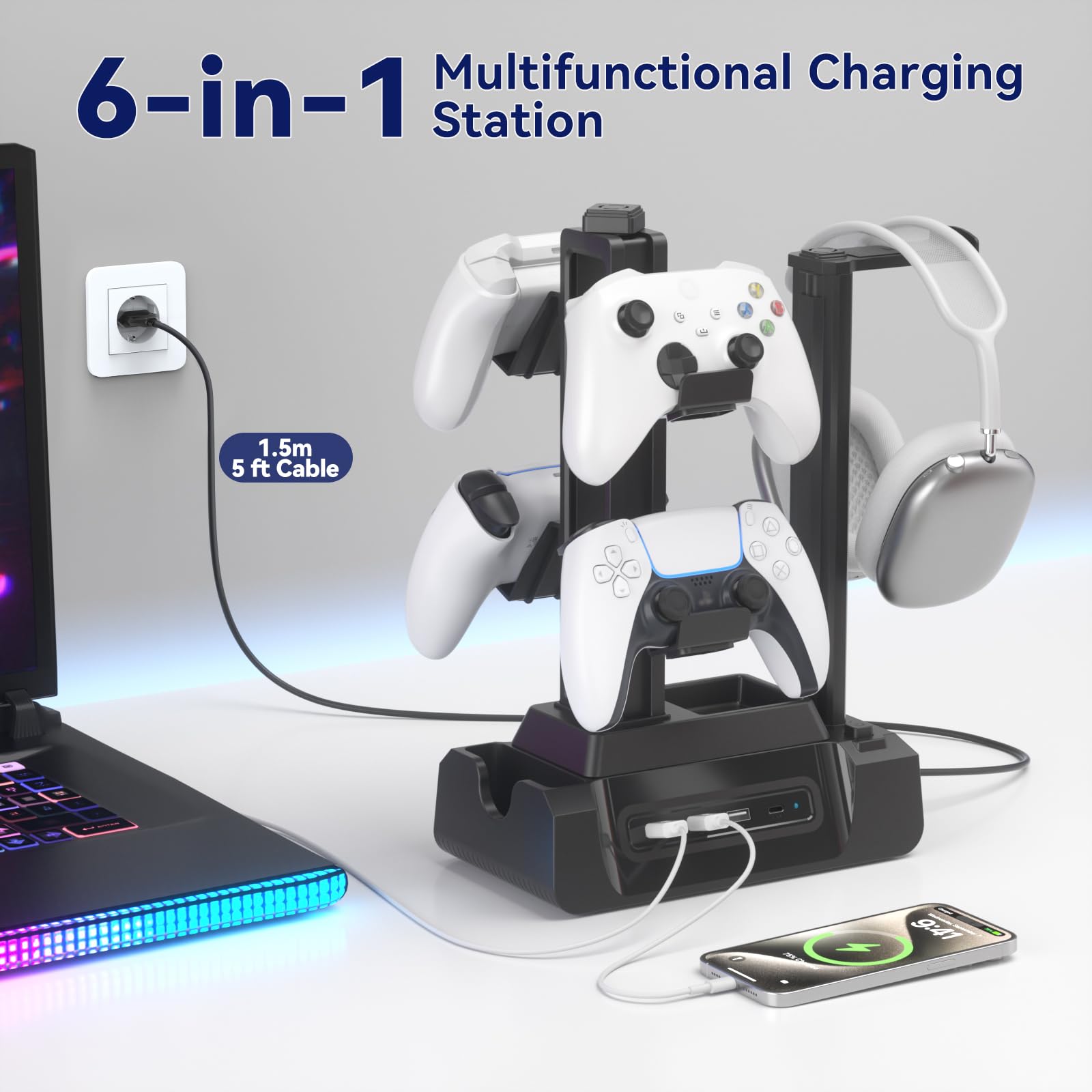 KDD Gaming Kopfhörer Ständer mit USB A Typ-C Ladegeräten, Headset Halterung Controller Halter mit Ladestation, Geräteschlitz für Handy Tablet, Kopfhörer für PC Gaming Zubehör