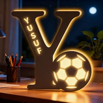 Personalized Decorative Led Soccer Ball Letter Night Light, Custom-Designed Name Soccer Ball Wooden Carved Wall Lamp Suitable for Bedroom Christmas Weddings