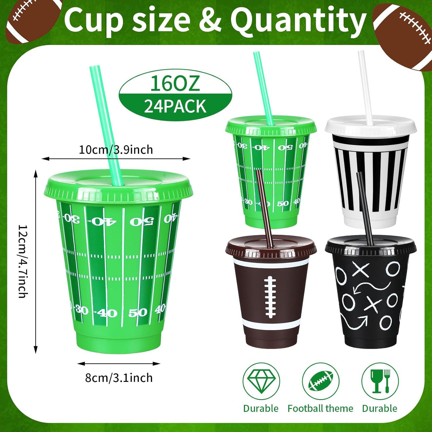 Havawish 24 Pcs Bulk Reusable Football Cups with Lids and Straws 16 oz Plastic Football Tumblers Ball Drink Cup for Sport Birthday Party Supplies Decorations in 4 Designs