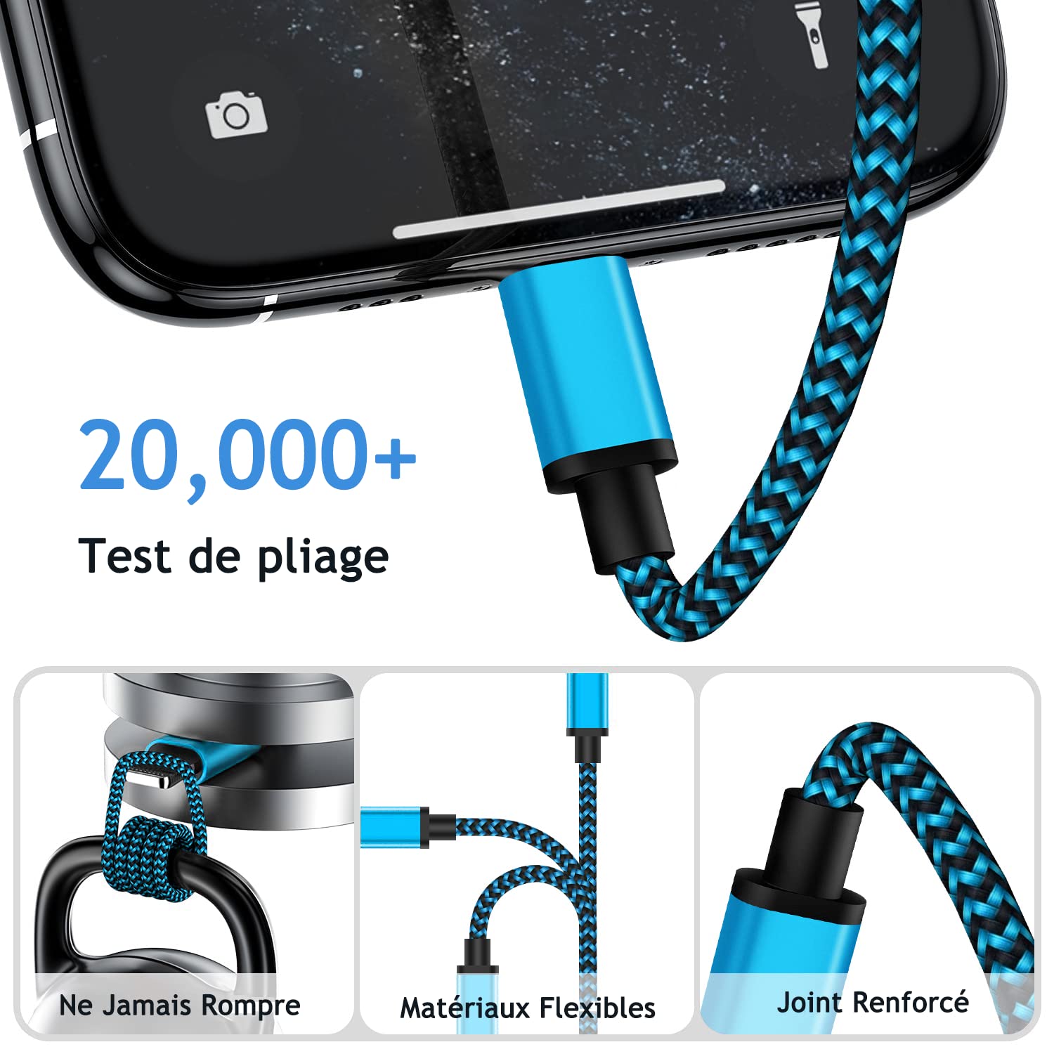Aioneus Câble iPhone Chargeur Lightning USB MFi Nylon Tressé 2m Lot de 3 Charge Rapide pour iPhone 14 Pro Max 13 12 11 XR XS X 8 7 Plus SE iPad