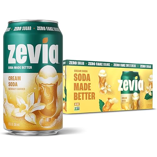 Zevia Zero Sugar Soda, Cream Soda, 12 oz Cans (8-Pack) – Naturally Sweetened, Non-GMO Project Verified, Gluten-Free, Vegan
