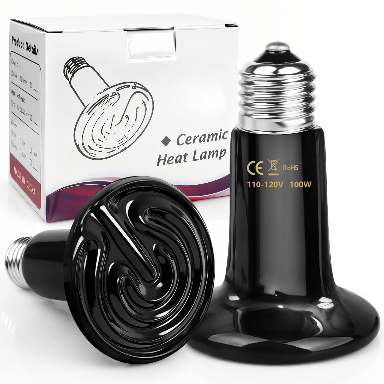 100W Ceramic Heat Emitter Reptile Heat Bulb E26 Base Heat Lamp Bulbs No Light Heat Lamp for Amphibian Pet Brooder Coop Lizard Turtle Snake Terrarium