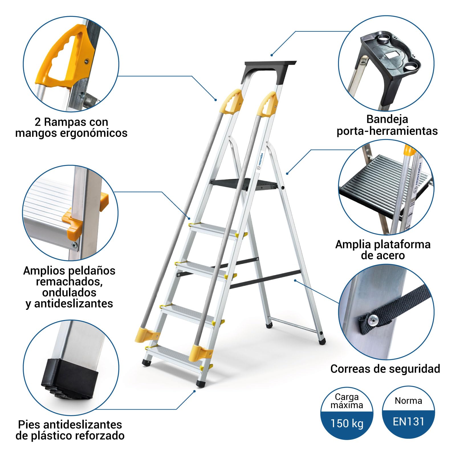 HOSTRÖM Escalera de 5 peldaños DURAMP con rampas de Seguridad y Estante portaherramientas, Ligera y Plegable, Altura de Plataforma 97 cm, garantía de 5 años.