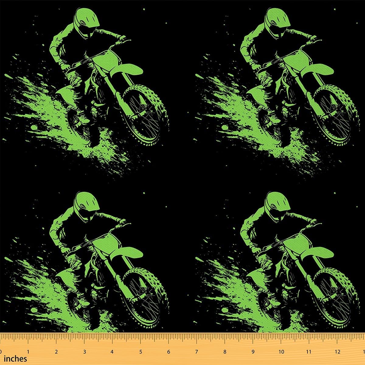 Motocross Rider Upholstery Fabric, Dirt Bike Fabric by The Yard, Motorcycle Extreme Sport Decorative Fabric, Motorbike Adventure Indoor Outdoor Fabric, DIY Craft Patchwork, Green Black, 2 Yards