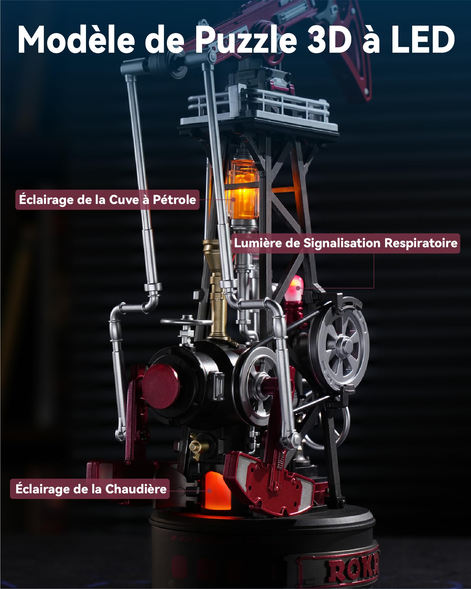 ROKR Puzzle 3D Modèle de Montage Mécanique, Maquette en Plastique Métal a Construire Adulte, Cadeaux DIY à Thème Industriel (Oil Pump Jack) CGL03