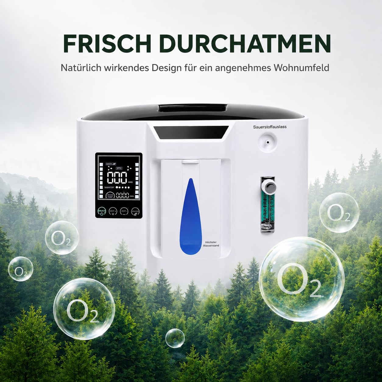 Sauerstoffkonzentrator, 1-7 L/min einstellbar, tragbares Gerät für Zuhause und Reise, 30-93% Sauerstoffkonzentration, Touch-Display, Timer, Fernbedienung, Negativ-Ionen-Modus