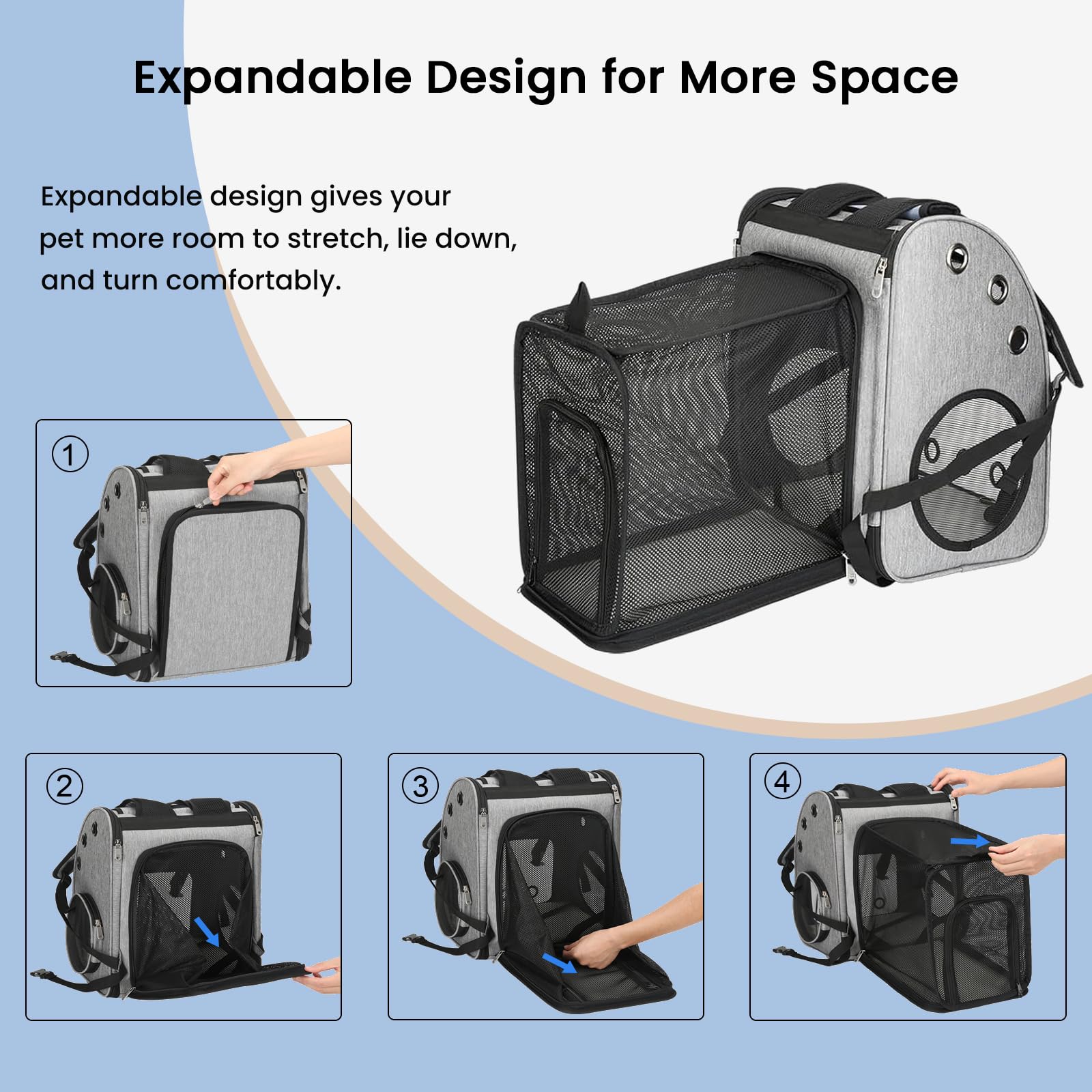 Expandable Pet Carrier Backpack for Cats, Dogs and Small Animals, Portable Pet Travel Carrier, Super Ventilated Design, Airline Approved, Ideal for Traveling/Hiking/Camping, Grey, XL - image 5