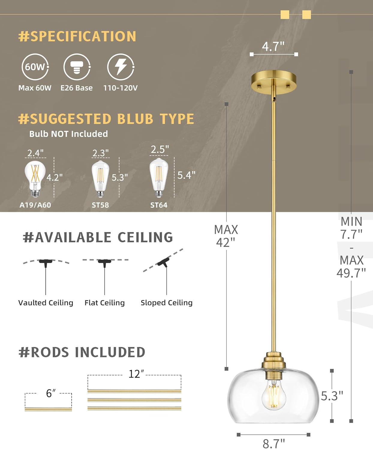 AUTELO Gold Pendant Lights, 1-Light Pendant Lights Kitchen Island in Brushed Gold Finish with Clear Glass, Vintage Pendant Light Fixtures, Gold Hanging Lights for Kitchen Island H9385 BG-R