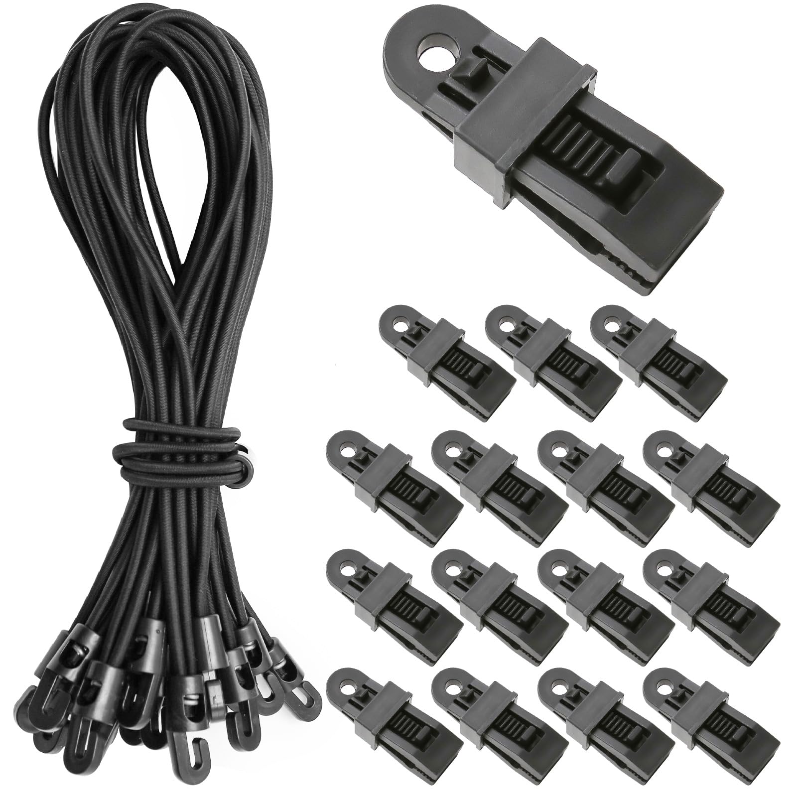 20 Corde Elastiche con Gancio, 25 cm Corda Elastica per Teloni + 20 Clips per Teloni, Elastici con Gancio – per Campeggio con Tenda, Ciclismo, Trasporto di Merci (Nero)