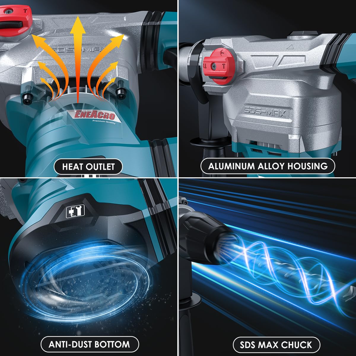 ENEACRO SDS-MAX Martillo Perforador, 1500 W 12J Martillo Demoledor con 3 funciones, empuñadura antivibraciones y embrague de seguridad, capacidad de perforación de 40 mm en hormigón