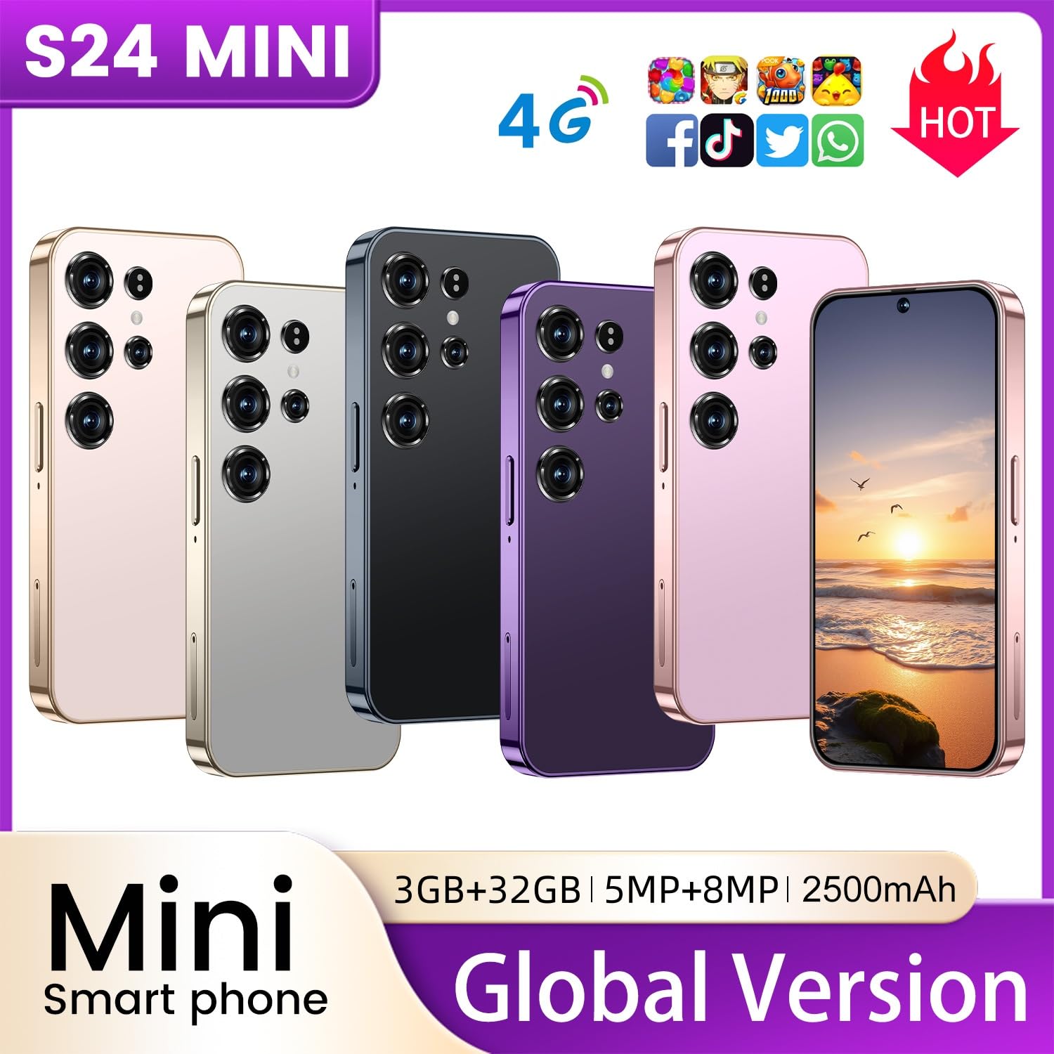 Mini smartphone pour enfants 4,0 pouces écran HD 3 Go RAM 32 Go ROM 4G Dual SIM Android 10.0 WiFi Bluetooth FM GPS X24mini Rose