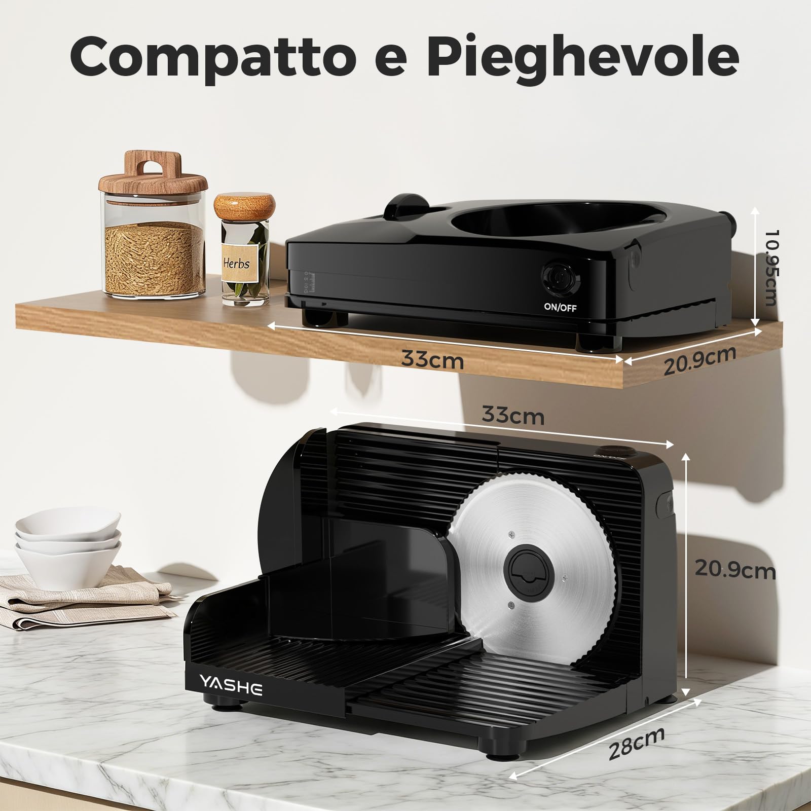 YASHE Affettatrice Elettrica Pieghevole 180W, Lama Inox 17 cm, Spessore Regolabile 0–15 mm, Compatta e Salvaspazio, Ideale per Carne, Formaggio, Pane e Verdure, Nera