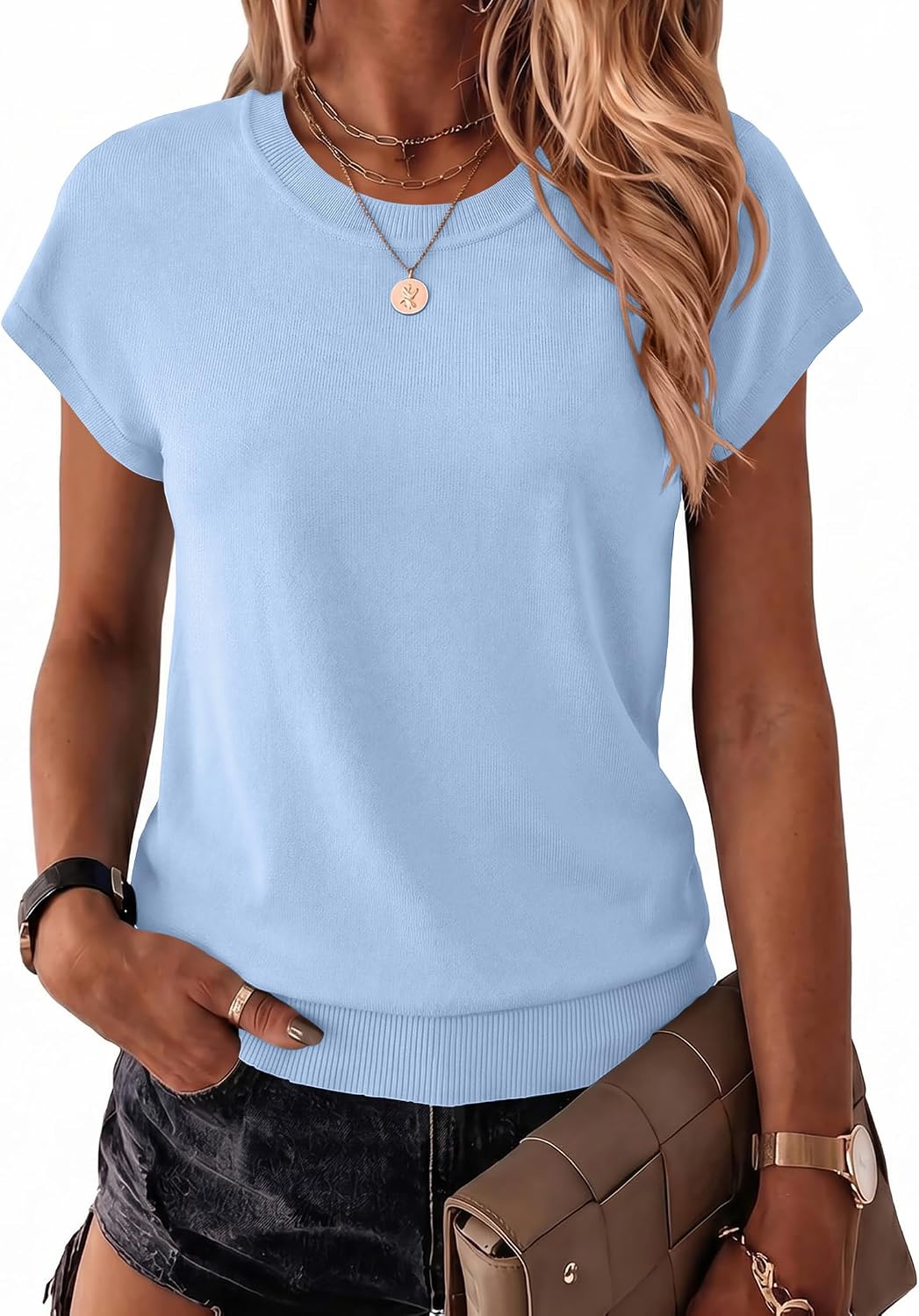 Zeagoo Sweaters for Women Tops Short Sleeve Crewneck Basic Fashion Clothing