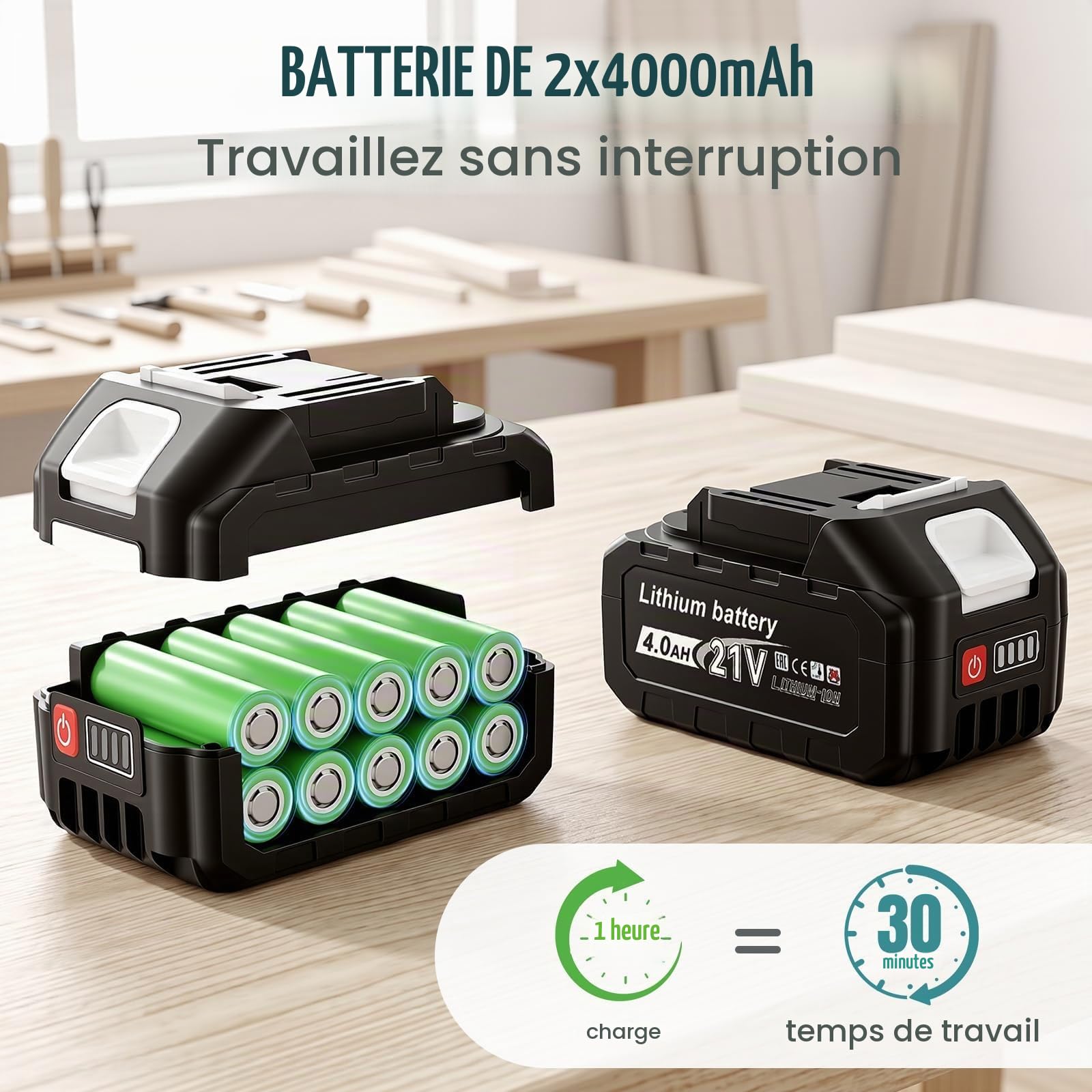 Scie Sabre Sans Fil avec 2 Batteries 4.0Ah, Moteur Brushless 0-3100 SPM, Course 22 mm, Compatible avec Makita 18V, Vitesse Variable, 4 Lames, Chargeur pour Couper Bois, Métal et PVC