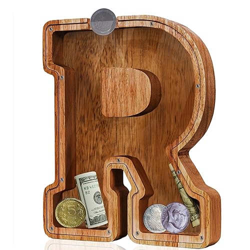 Vista 131 de Customized Name Large Wooden Piggy Bank for Boys Girls Alphabets Letter A-Z Coins Bills Money Change Bank Box Initial on Clear Cover